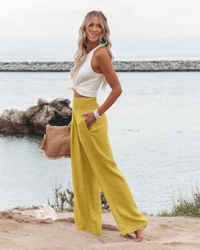 Elastic High Waisted Palazzo Pants with Pocket for Women