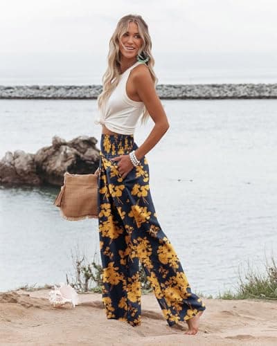 Angerella Women's Floral Print Wide Leg Pants