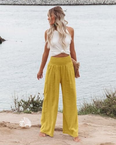 Elastic High Waisted Palazzo Pants with Pocket for Women