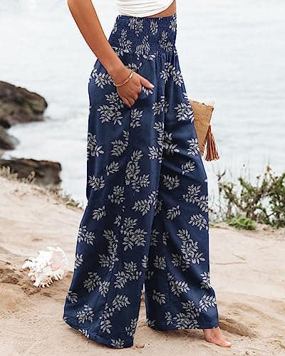 Womens High Waisted Elastic Palazzo Pants with Pocket Floral Blue