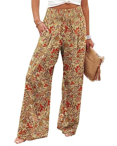 Elastic High Waisted Palazzo Pants with Pocket for Women