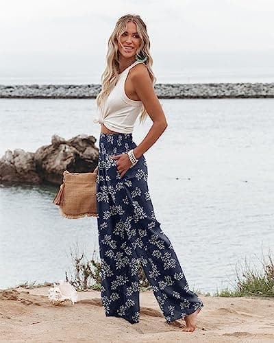 Womens High Waisted Elastic Palazzo Pants with Pocket Floral Blue