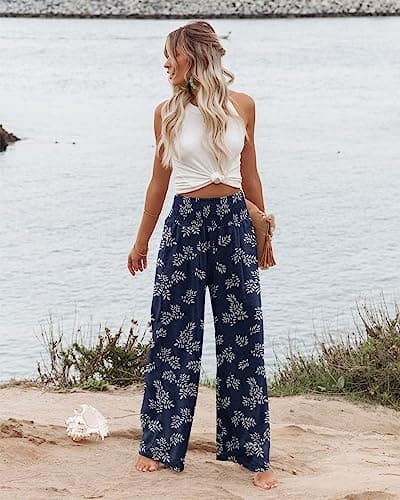 Womens High Waisted Elastic Palazzo Pants with Pocket Floral Blue