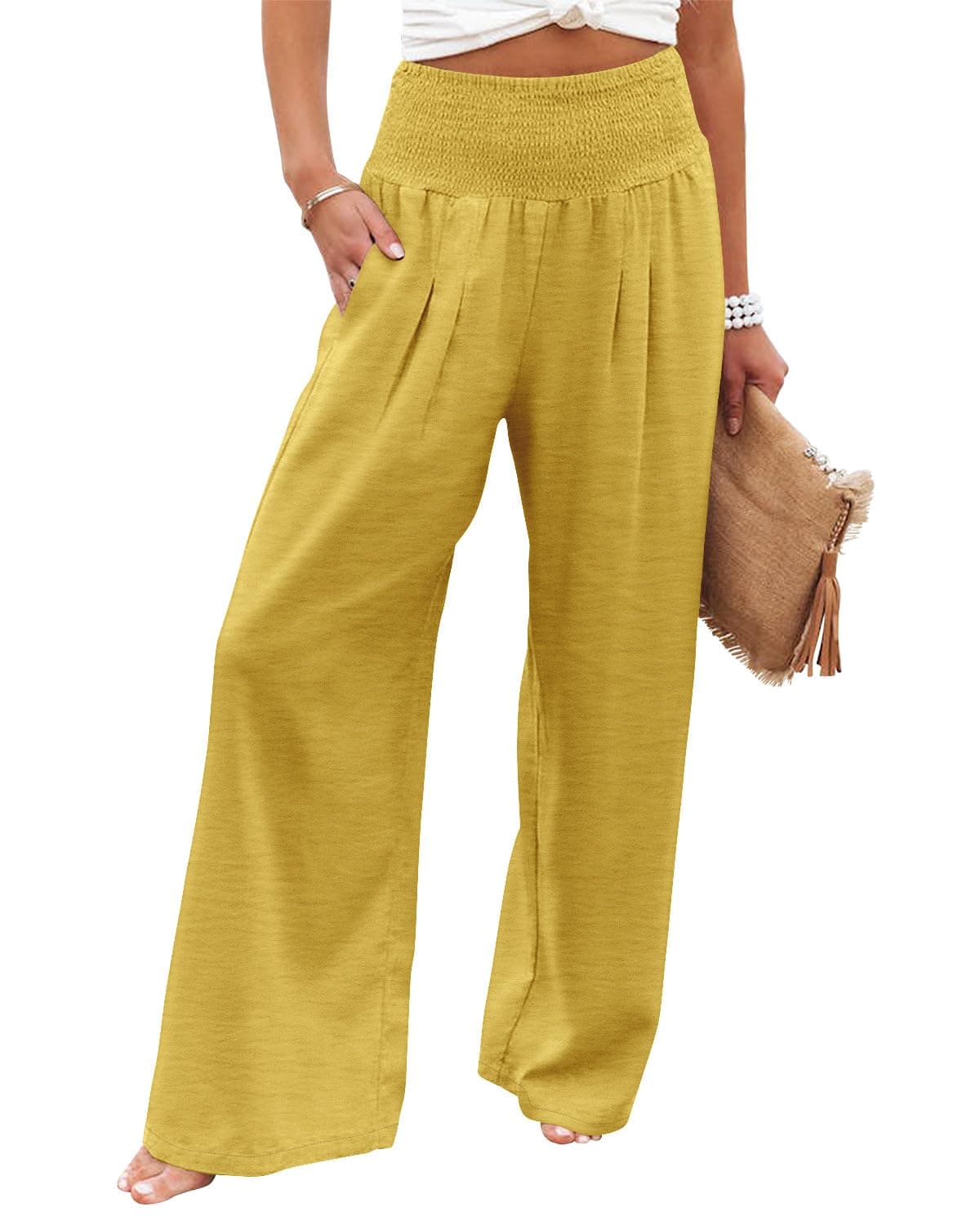 Elastic High Waisted Palazzo Pants with Pocket for Women