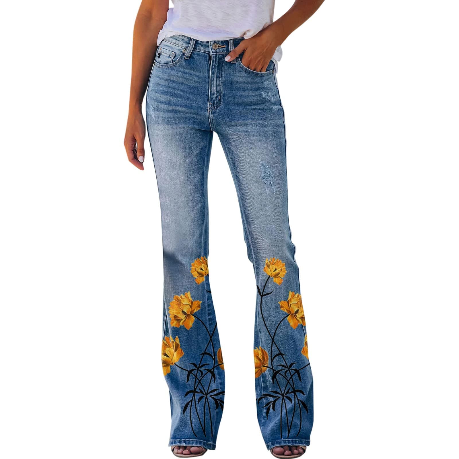 8QIDA Women Cargo Pants Printed Pattern Loose Flared Hem Jeans